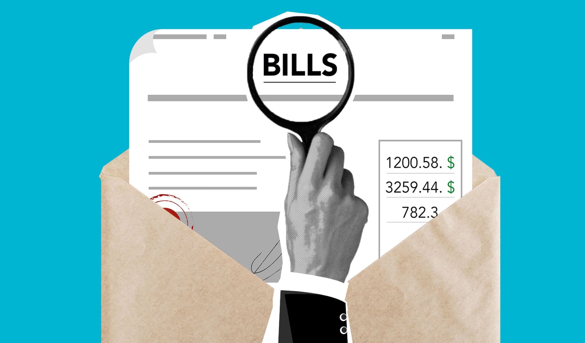 Person reviewing a confusing medical bill with a laptop showing an AI chatbot interface