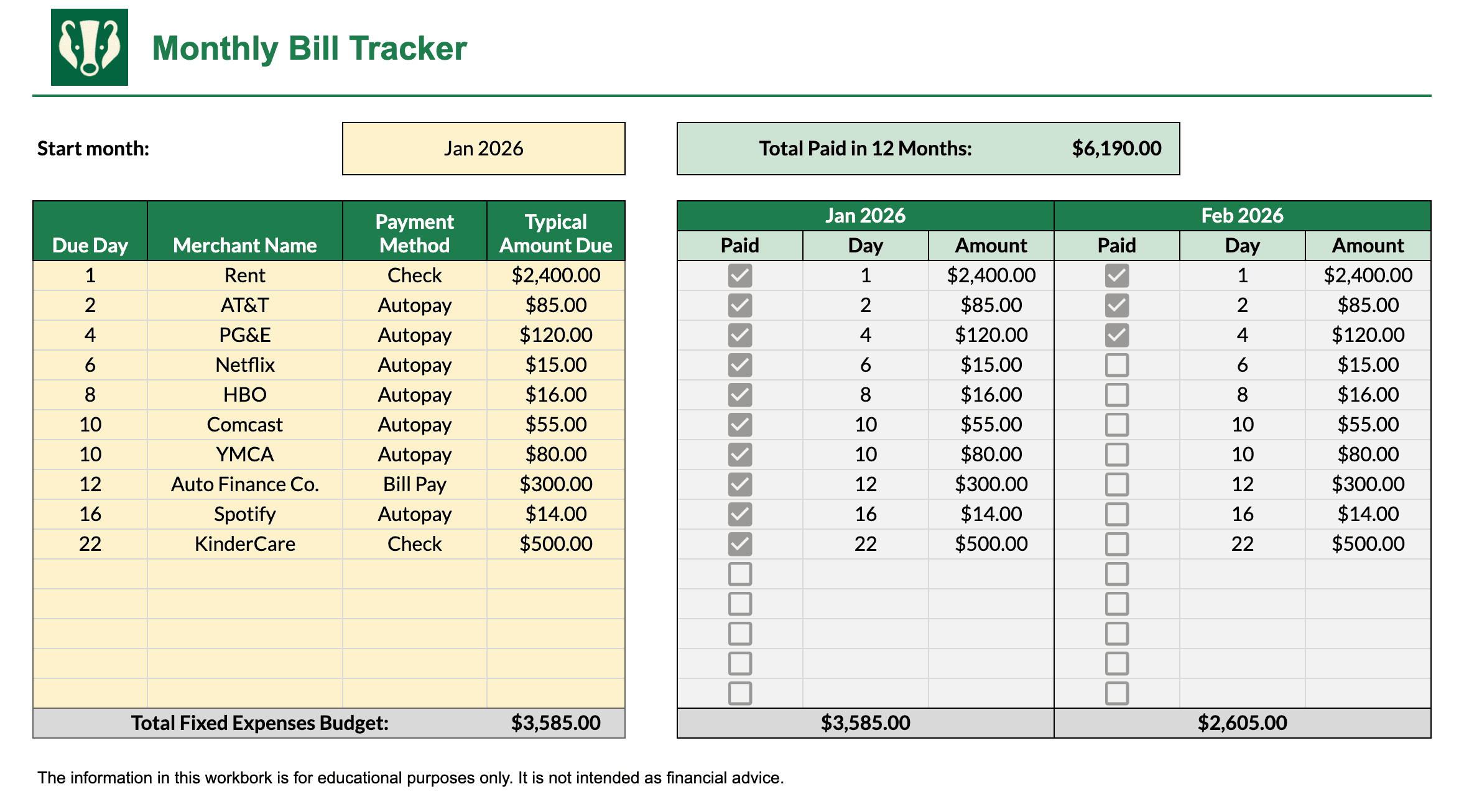 Monthly bill tracker template and bill organizer spreadsheet with due dates, payment methods, amounts, and paid columns for recurring bills