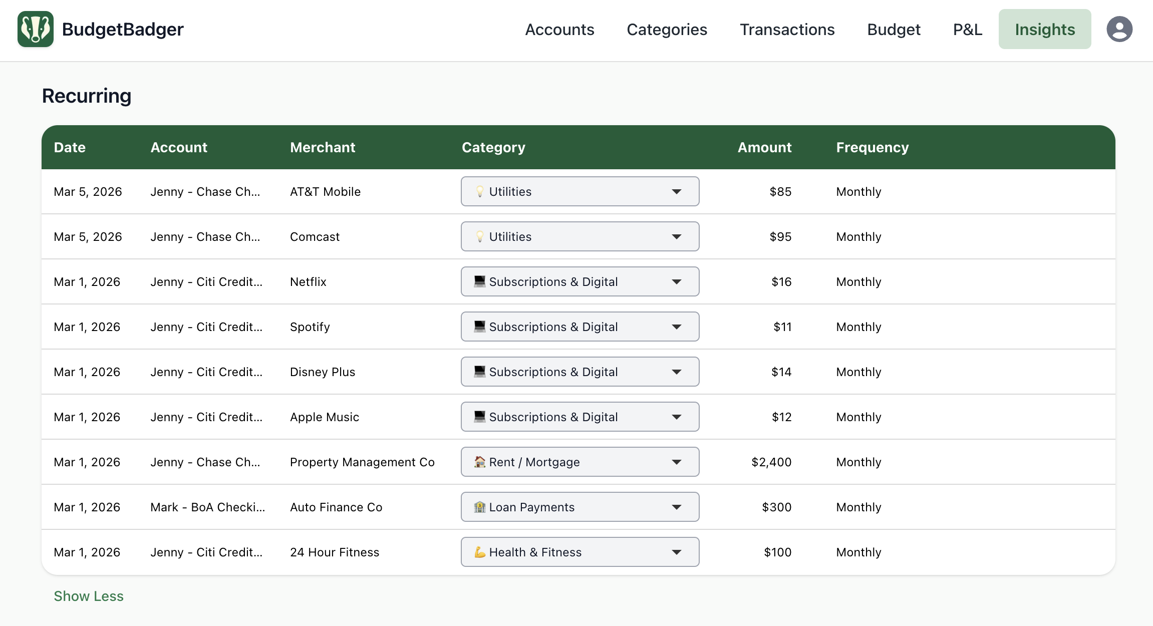 Budget app Insights view listing recurring charges and subscriptions for bill tracking and monthly spend review