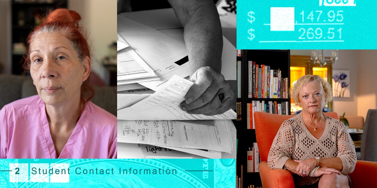 A stressed adult reviewing bills and student loan paperwork at a kitchen table